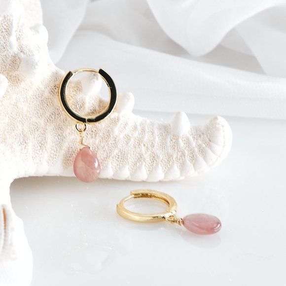 Pink Sapphire Hoop Earrings, 14K Gold Filled Small Dainty Huggie Hoops - Picture 4 of 10